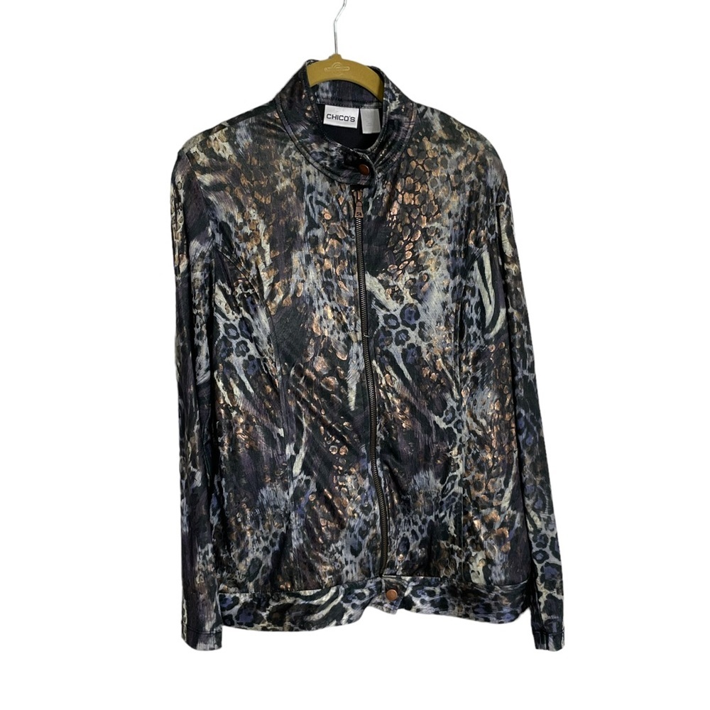Chico's Printed Animal-Print Zip Jacket in Black, Brown and Gray